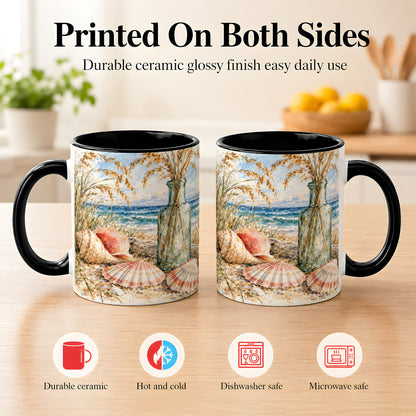 #pl[11oz|Black] Watercolor Seashell Coffee Mug, Coastal Beach Mug, Ceramic Cup, Ocean Art