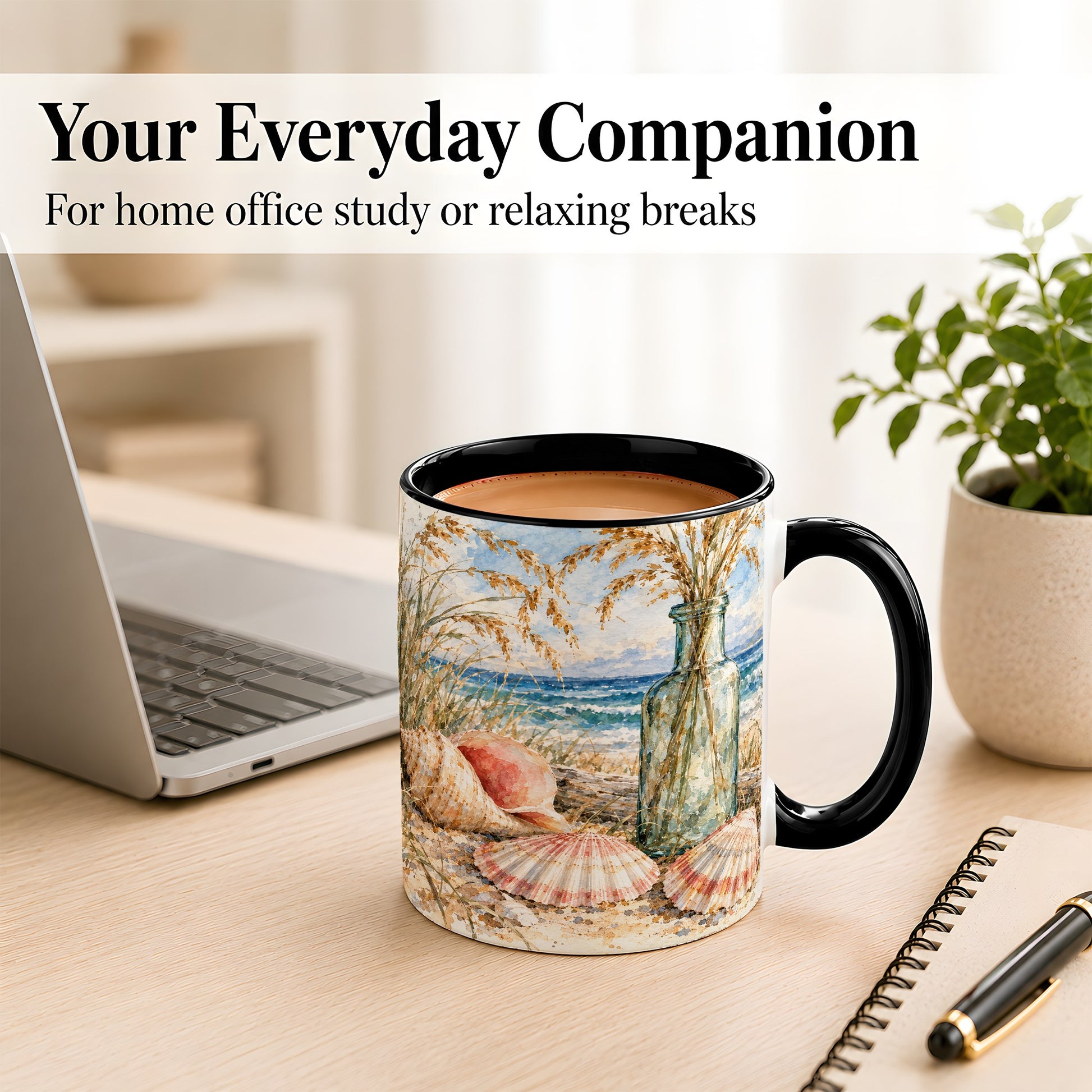 #pl[11oz|Black] Watercolor Seashell Coffee Mug, Coastal Beach Mug, Ceramic Cup, Ocean Art
