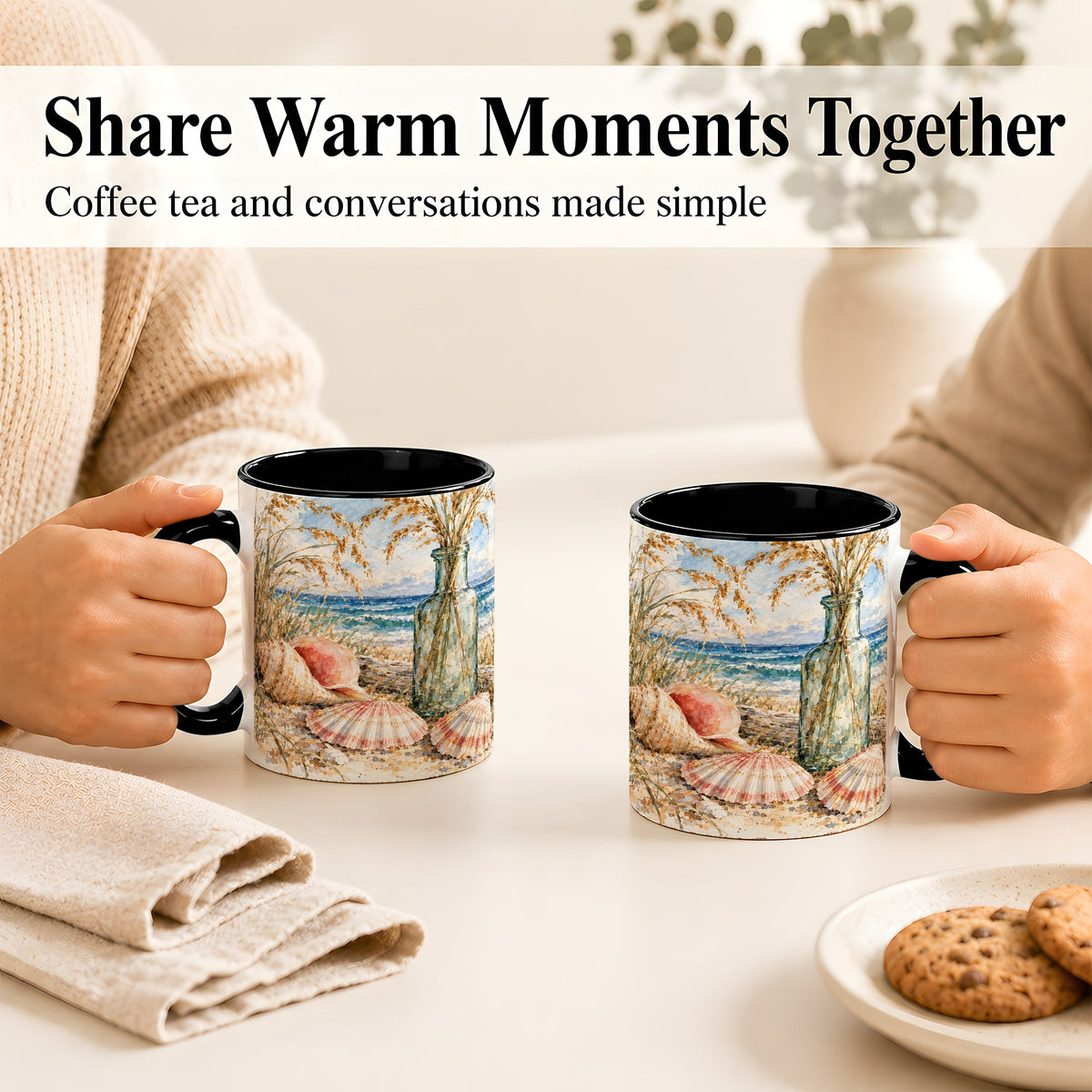 #pl[11oz|Black] Watercolor Seashell Coffee Mug, Coastal Beach Mug, Ceramic Cup, Ocean Art