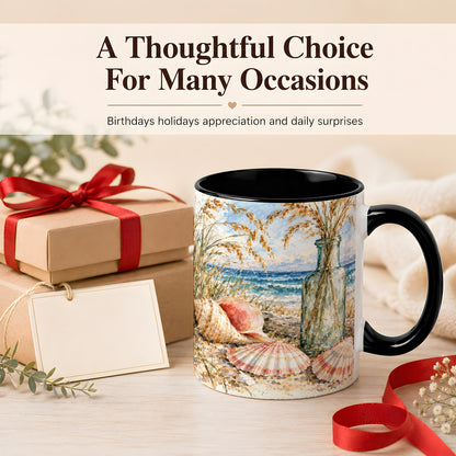 #pl[11oz|Black] Watercolor Seashell Coffee Mug, Coastal Beach Mug, Ceramic Cup, Ocean Art