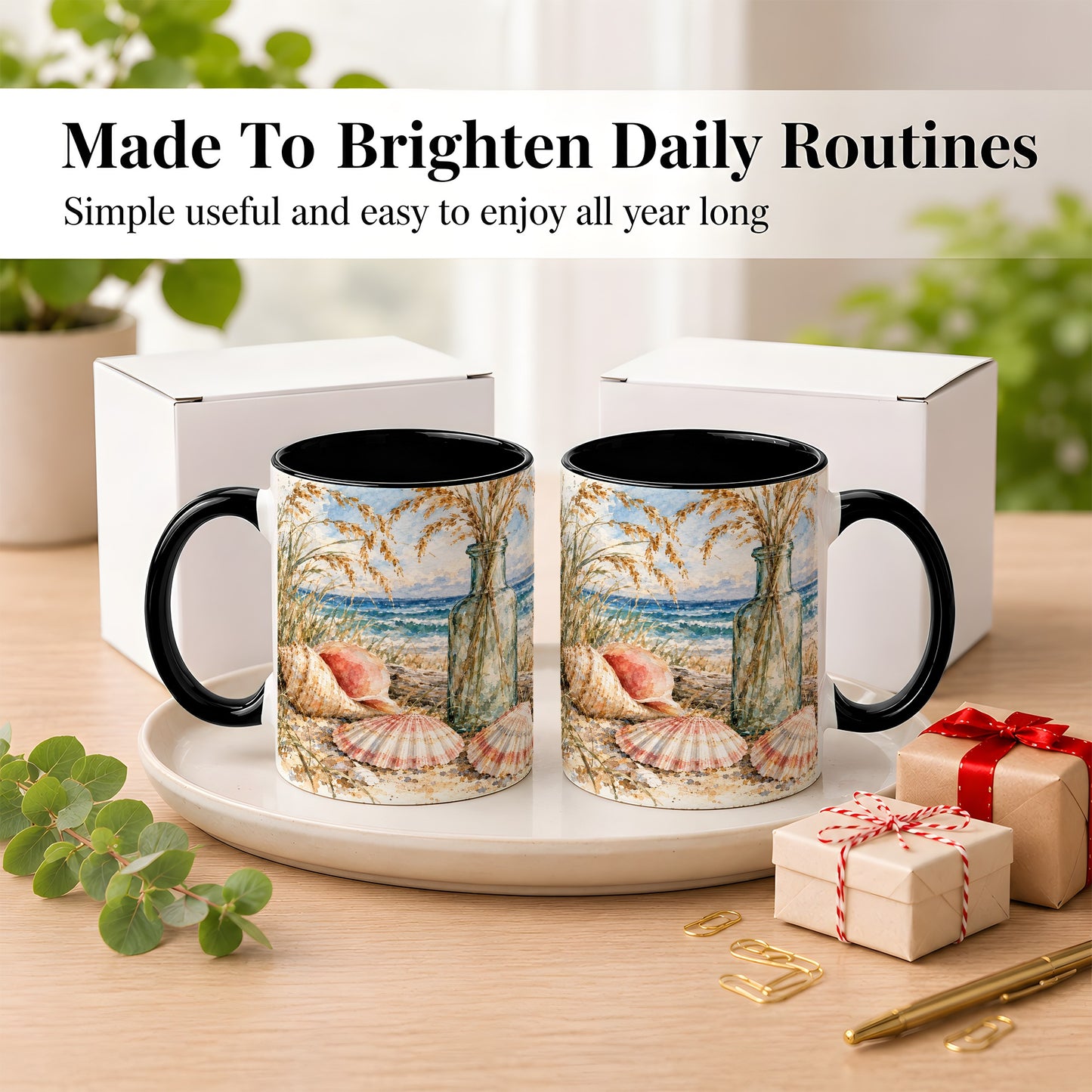 #pl[11oz|Black] Watercolor Seashell Coffee Mug, Coastal Beach Mug, Ceramic Cup, Ocean Art