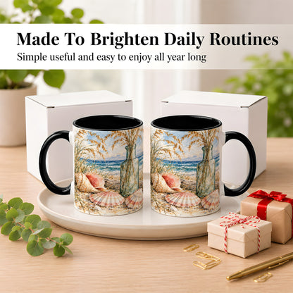 #pl[11oz|Black] Watercolor Seashell Coffee Mug, Coastal Beach Mug, Ceramic Cup, Ocean Art
