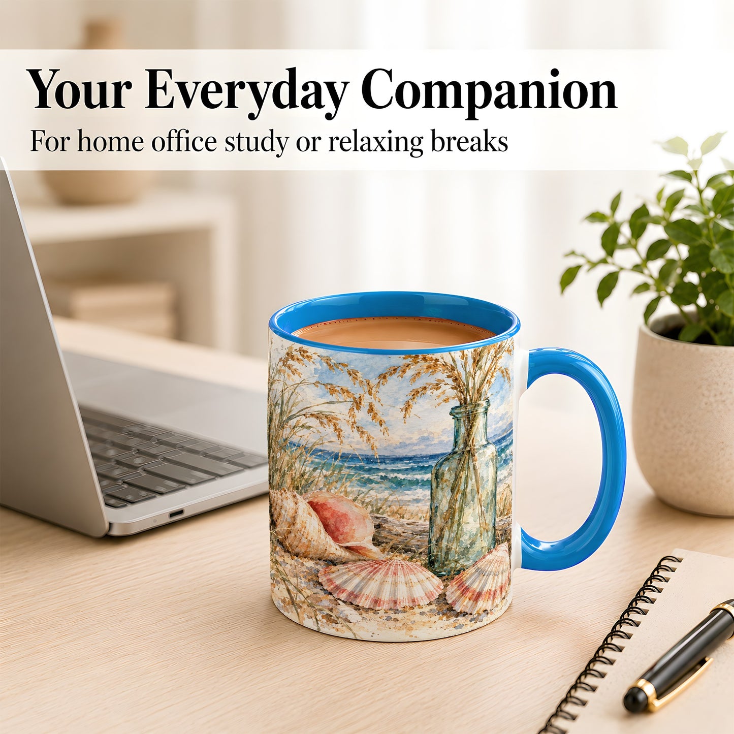 #pl[11oz|Blue] Watercolor Seashell Coffee Mug, Coastal Beach Mug, Ceramic Cup, Ocean Art