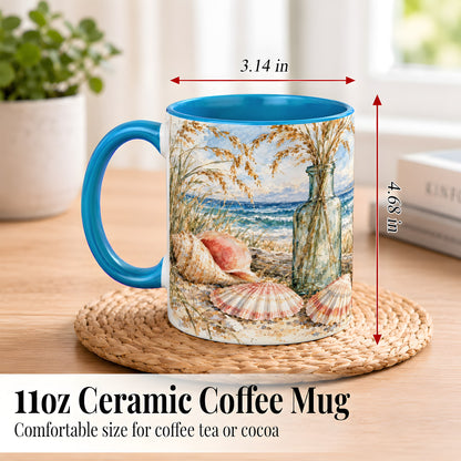 #pl[11oz|Blue] Watercolor Seashell Coffee Mug, Coastal Beach Mug, Ceramic Cup, Ocean Art