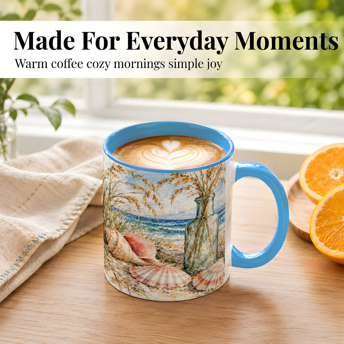 #pl[11oz|Blue] Watercolor Seashell Coffee Mug, Coastal Beach Mug, Ceramic Cup, Ocean Art