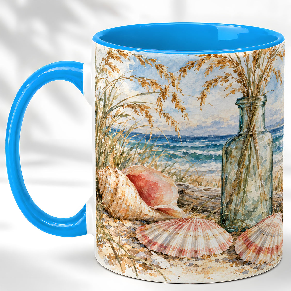 #pl[11oz|Blue] Watercolor Seashell Coffee Mug, Coastal Beach Mug, Ceramic Cup, Ocean Art