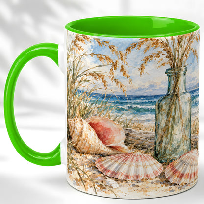 #pl[11oz|Green] Watercolor Seashell Coffee Mug, Coastal Beach Mug, Ceramic Cup, Ocean Art
