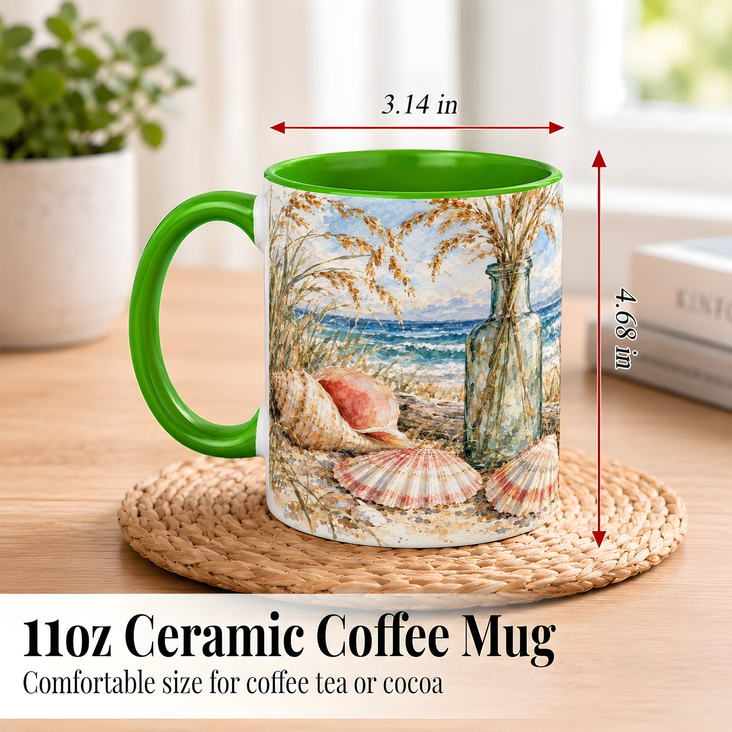 #pl[11oz|Green] Watercolor Seashell Coffee Mug, Coastal Beach Mug, Ceramic Cup, Ocean Art