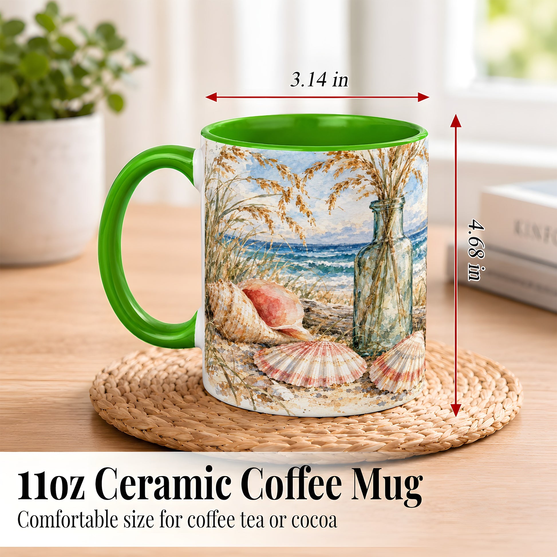 #pl[11oz|Green] Watercolor Seashell Coffee Mug, Coastal Beach Mug, Ceramic Cup, Ocean Art