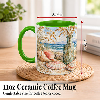 #pl[11oz|Green] Watercolor Seashell Coffee Mug, Coastal Beach Mug, Ceramic Cup, Ocean Art