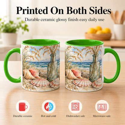 #pl[11oz|Green] Watercolor Seashell Coffee Mug, Coastal Beach Mug, Ceramic Cup, Ocean Art