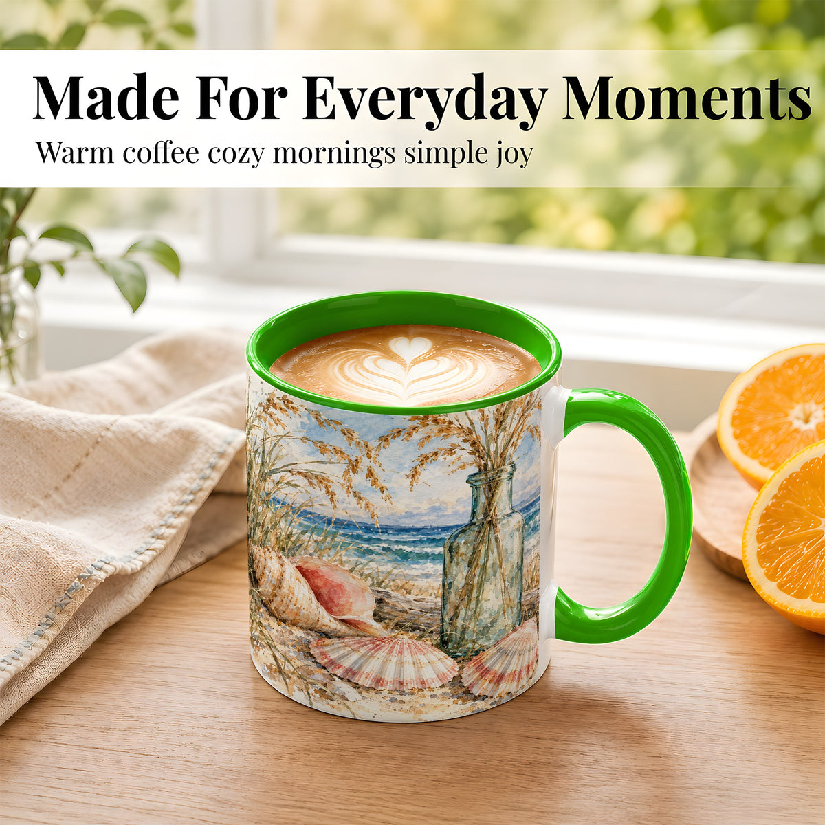 #pl[11oz|Green] Watercolor Seashell Coffee Mug, Coastal Beach Mug, Ceramic Cup, Ocean Art