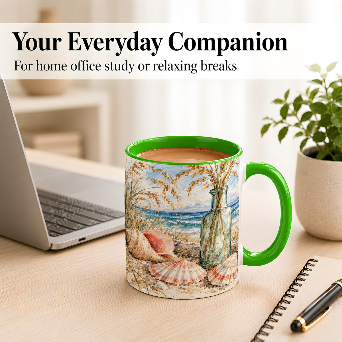#pl[11oz|Green] Watercolor Seashell Coffee Mug, Coastal Beach Mug, Ceramic Cup, Ocean Art