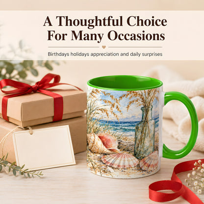 #pl[11oz|Green] Watercolor Seashell Coffee Mug, Coastal Beach Mug, Ceramic Cup, Ocean Art