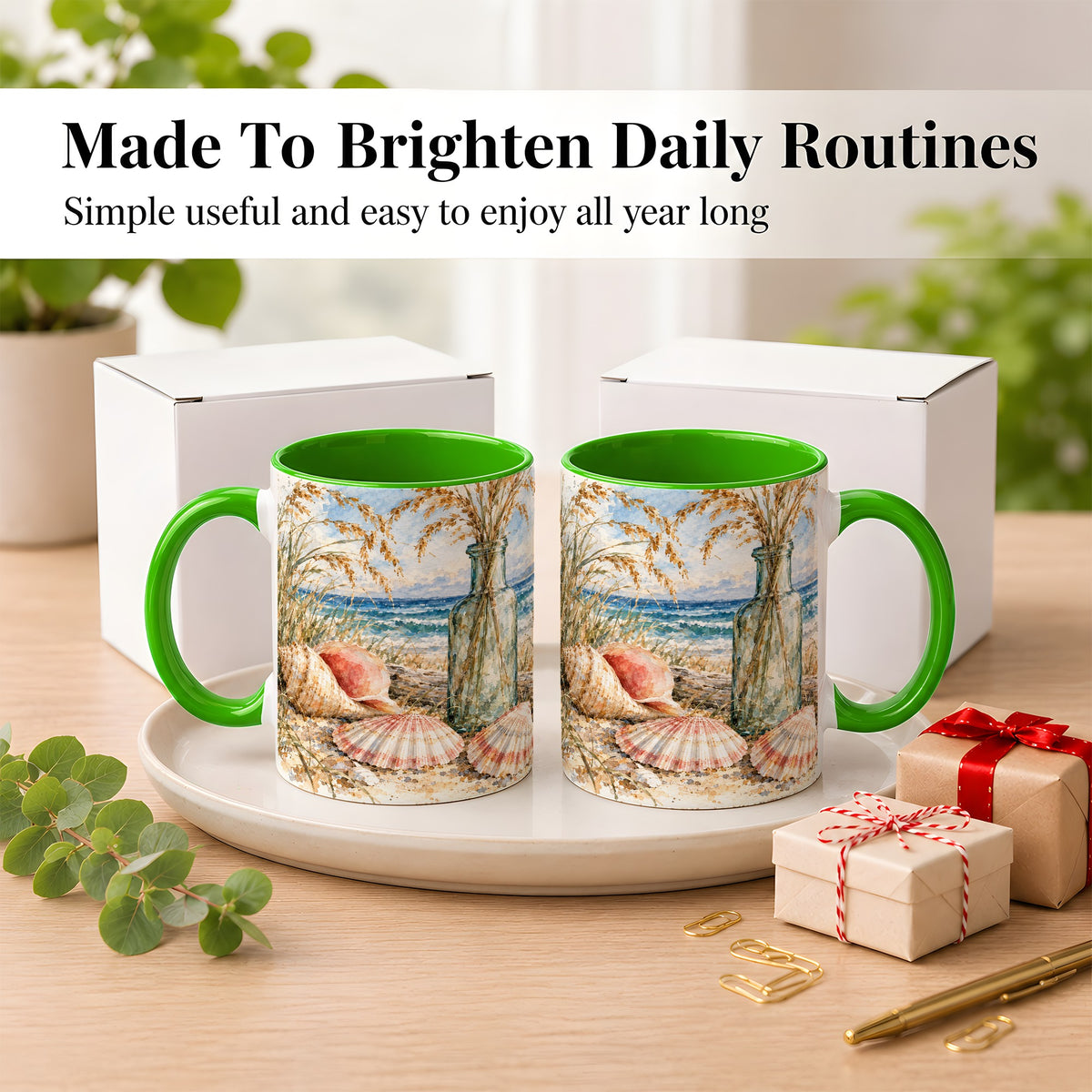 #pl[11oz|Green] Watercolor Seashell Coffee Mug, Coastal Beach Mug, Ceramic Cup, Ocean Art