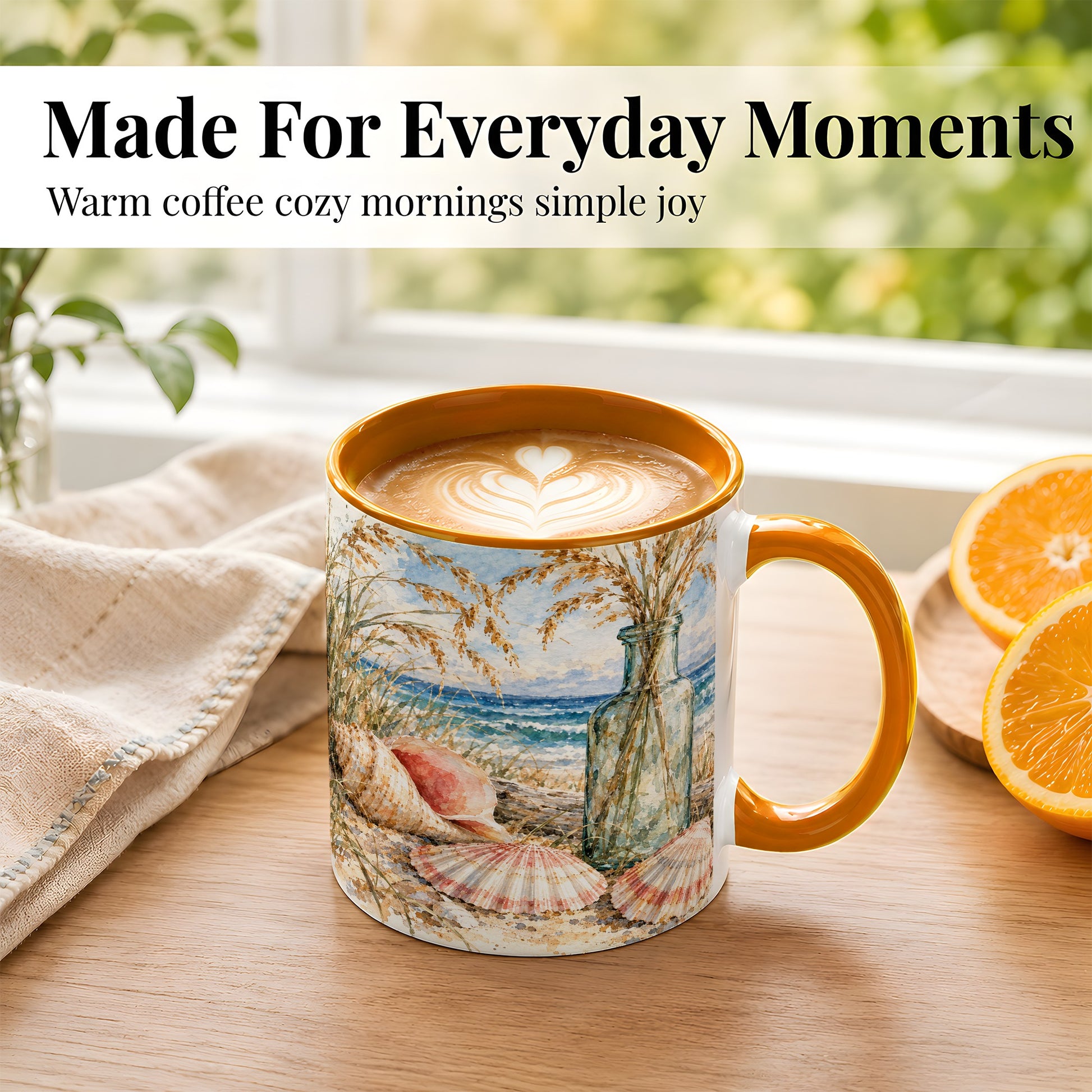 #pl[11oz|Orange] Watercolor Seashell Coffee Mug, Coastal Beach Mug, Ceramic Cup, Ocean Art