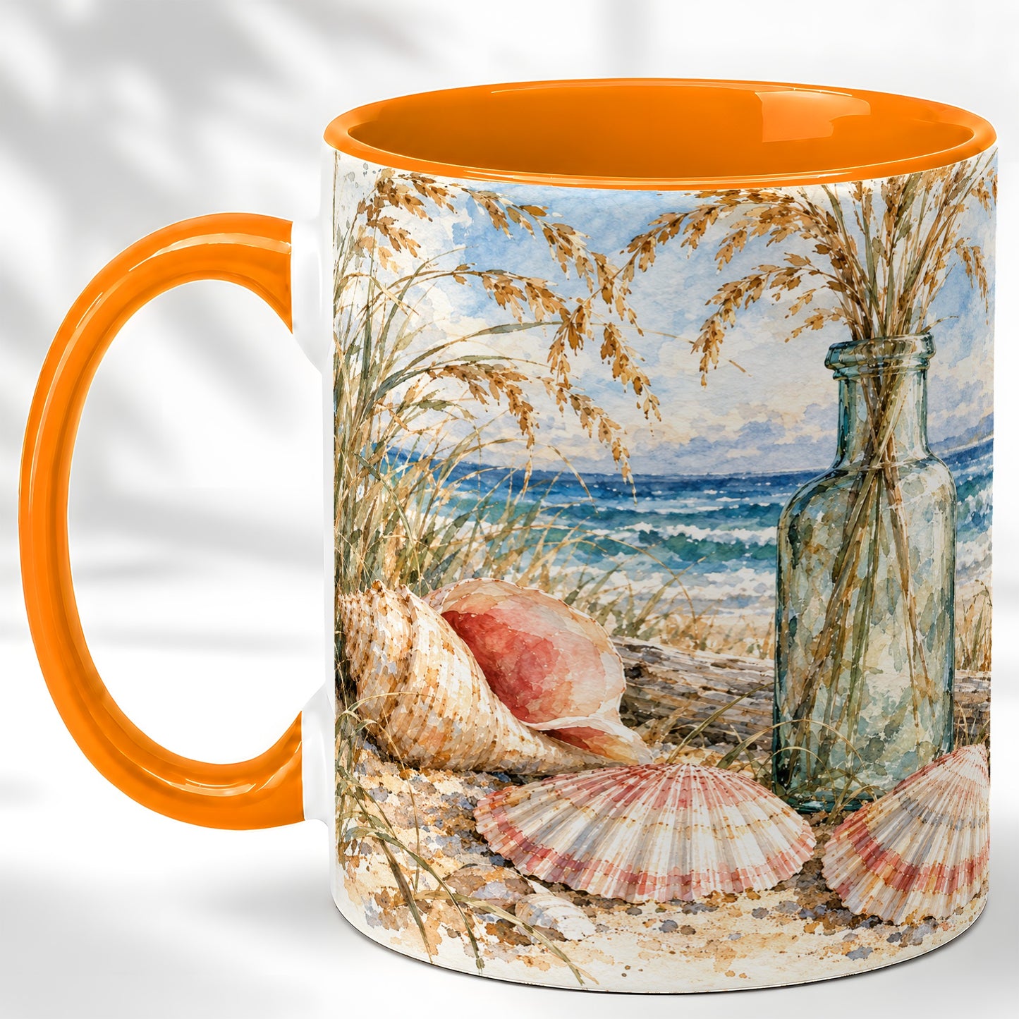#pl[11oz|Orange] Watercolor Seashell Coffee Mug, Coastal Beach Mug, Ceramic Cup, Ocean Art