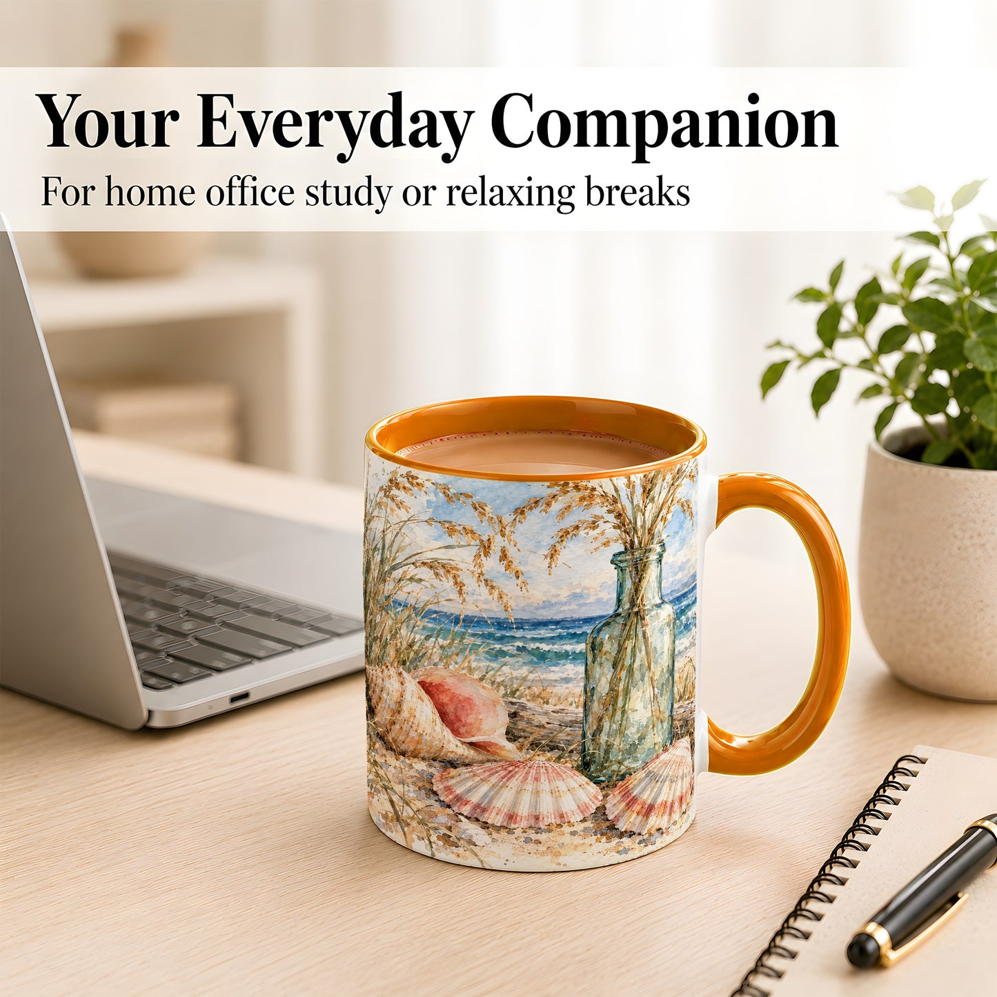#pl[11oz|Orange] Watercolor Seashell Coffee Mug, Coastal Beach Mug, Ceramic Cup, Ocean Art