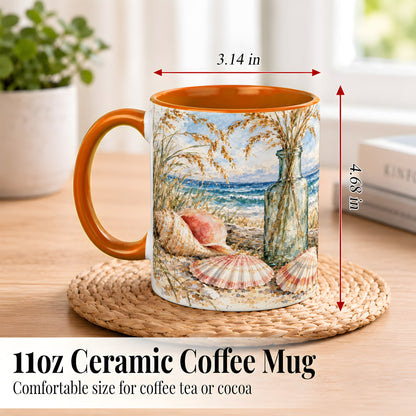 #pl[11oz|Orange] Watercolor Seashell Coffee Mug, Coastal Beach Mug, Ceramic Cup, Ocean Art