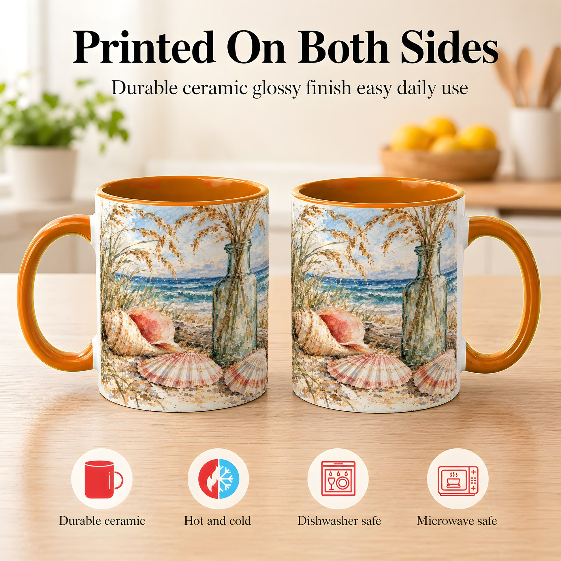 #pl[11oz|Orange] Watercolor Seashell Coffee Mug, Coastal Beach Mug, Ceramic Cup, Ocean Art