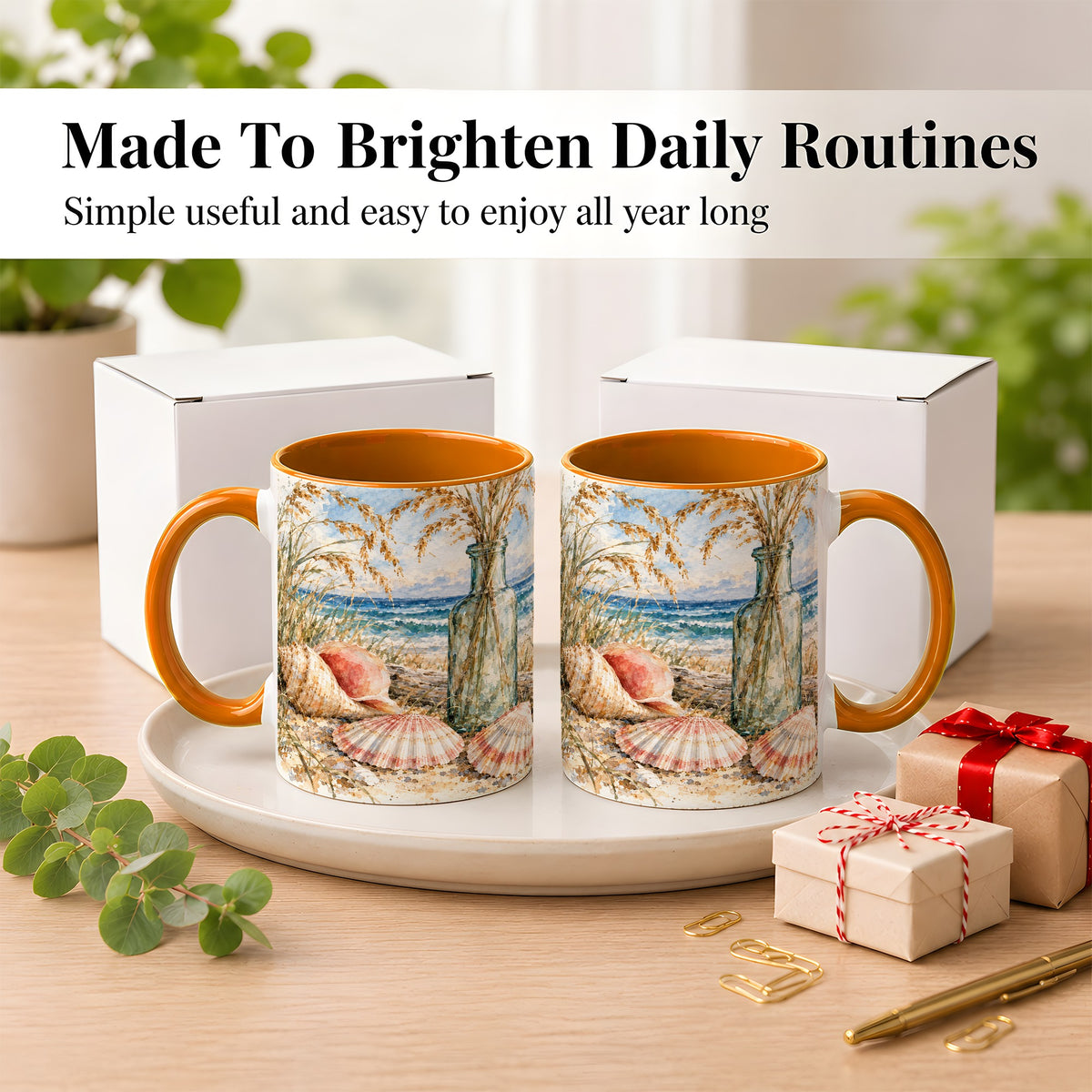 #pl[11oz|Orange] Watercolor Seashell Coffee Mug, Coastal Beach Mug, Ceramic Cup, Ocean Art