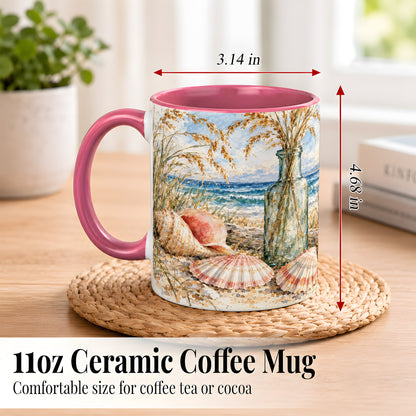 #pl[11oz|Pink] Watercolor Seashell Coffee Mug, Coastal Beach Mug, Ceramic Cup, Ocean Art