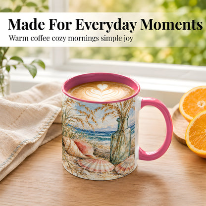 #pl[11oz|Pink] Watercolor Seashell Coffee Mug, Coastal Beach Mug, Ceramic Cup, Ocean Art