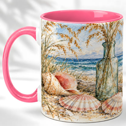 #pl[11oz|Pink] Watercolor Seashell Coffee Mug, Coastal Beach Mug, Ceramic Cup, Ocean Art