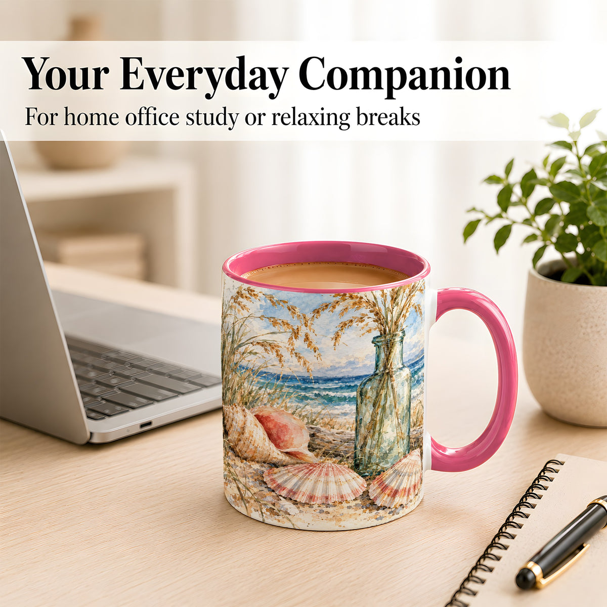 #pl[11oz|Pink] Watercolor Seashell Coffee Mug, Coastal Beach Mug, Ceramic Cup, Ocean Art