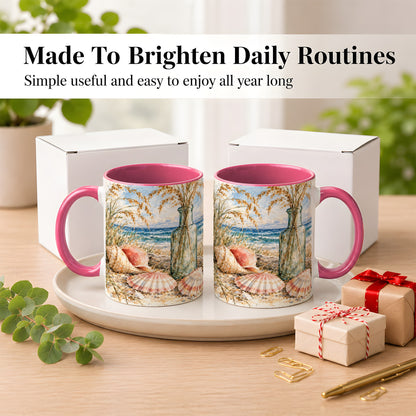 #pl[11oz|Pink] Watercolor Seashell Coffee Mug, Coastal Beach Mug, Ceramic Cup, Ocean Art