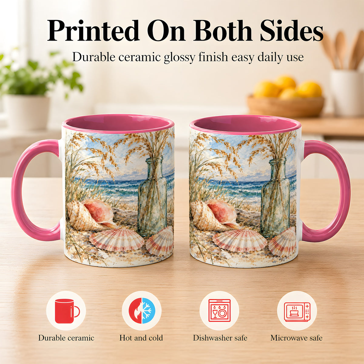 #pl[11oz|Pink] Watercolor Seashell Coffee Mug, Coastal Beach Mug, Ceramic Cup, Ocean Art