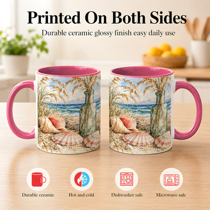 #pl[11oz|Pink] Watercolor Seashell Coffee Mug, Coastal Beach Mug, Ceramic Cup, Ocean Art