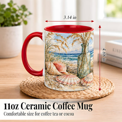 #pl[11oz|Red] Watercolor Seashell Coffee Mug, Coastal Beach Mug, Ceramic Cup, Ocean Art