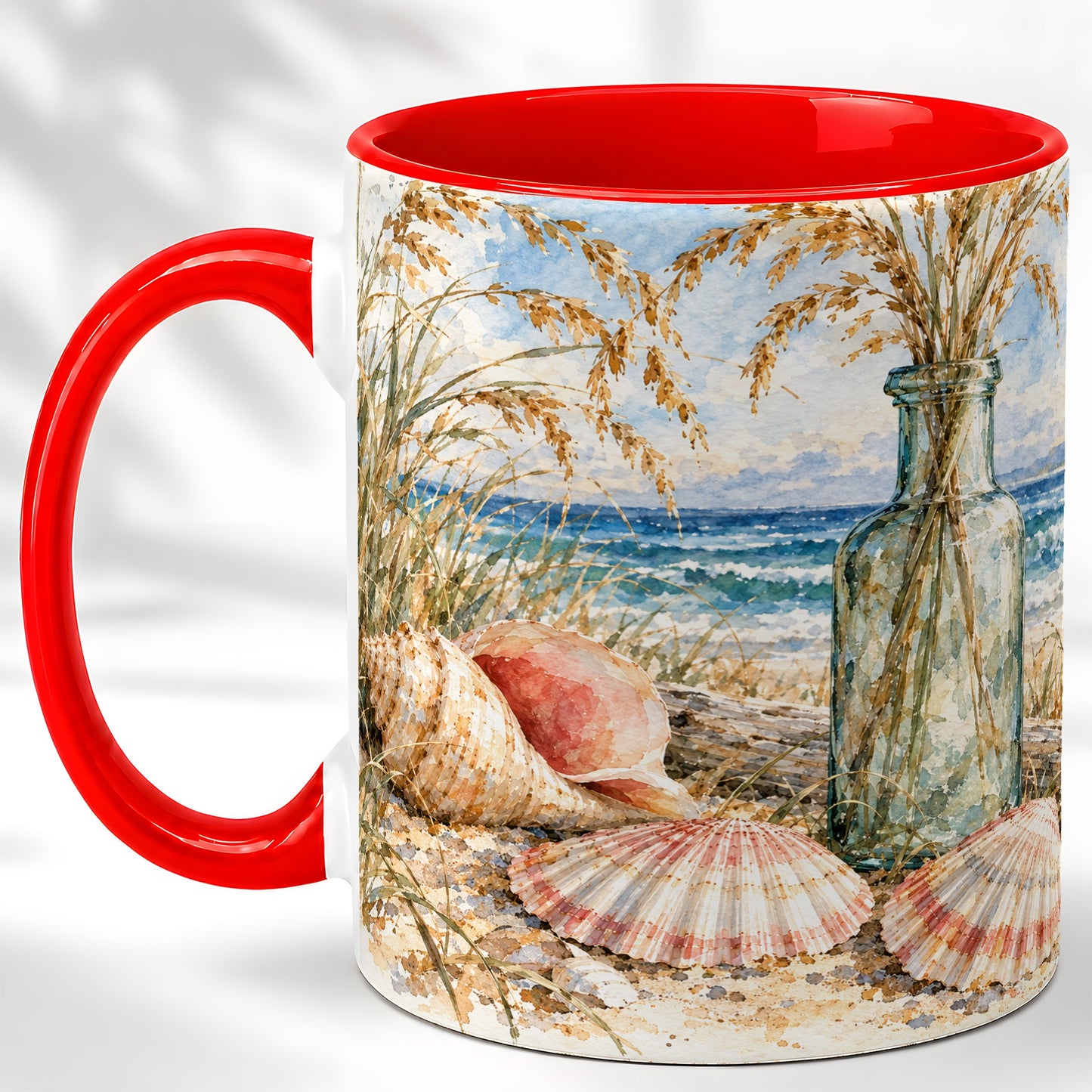 Watercolor Seashell Coffee Mug, Coastal Beach Mug, Ceramic Cup, Ocean Art