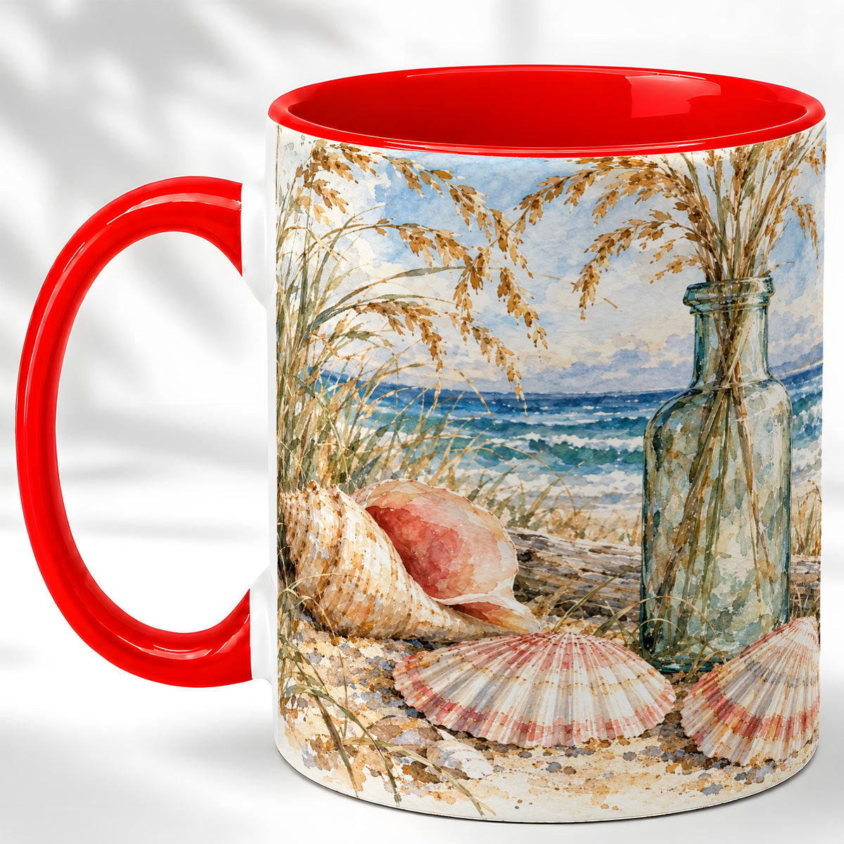 Watercolor Seashell Coffee Mug, Coastal Beach Mug, Ceramic Cup, Ocean Art