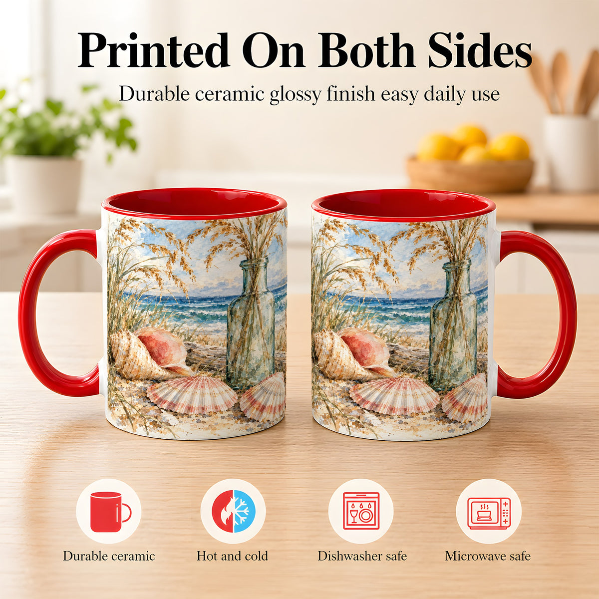 #pl[11oz|Red] Watercolor Seashell Coffee Mug, Coastal Beach Mug, Ceramic Cup, Ocean Art