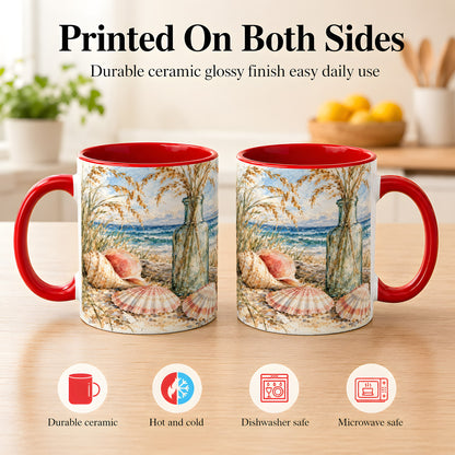 #pl[11oz|Red] Watercolor Seashell Coffee Mug, Coastal Beach Mug, Ceramic Cup, Ocean Art