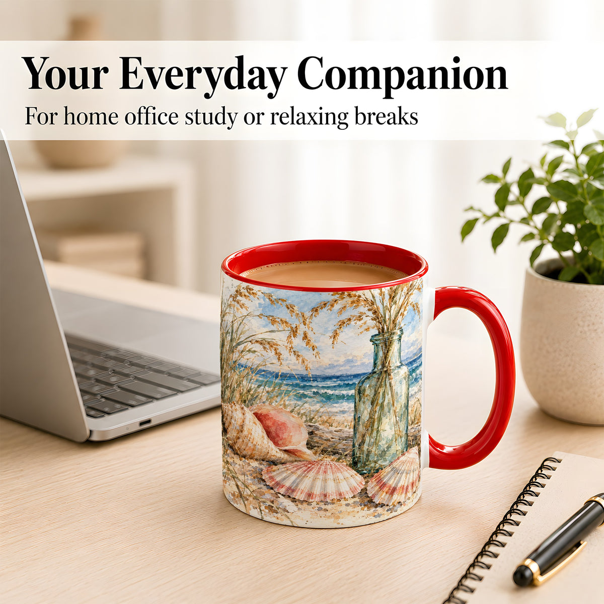 #pl[11oz|Red] Watercolor Seashell Coffee Mug, Coastal Beach Mug, Ceramic Cup, Ocean Art
