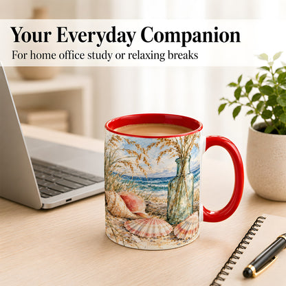 #pl[11oz|Red] Watercolor Seashell Coffee Mug, Coastal Beach Mug, Ceramic Cup, Ocean Art
