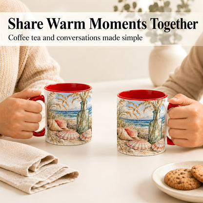 #pl[11oz|Red] Watercolor Seashell Coffee Mug, Coastal Beach Mug, Ceramic Cup, Ocean Art