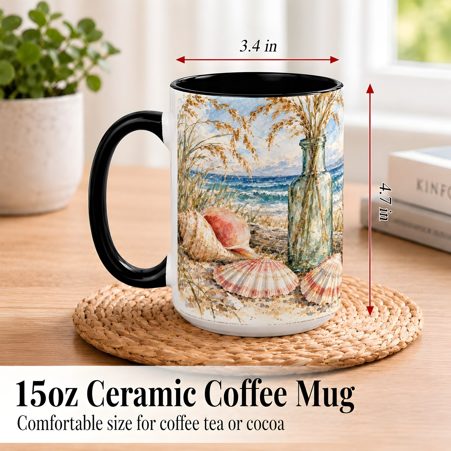 #pl[15oz|Black] Watercolor Seashell Coffee Mug, Coastal Beach Mug, Ceramic Cup, Ocean Art