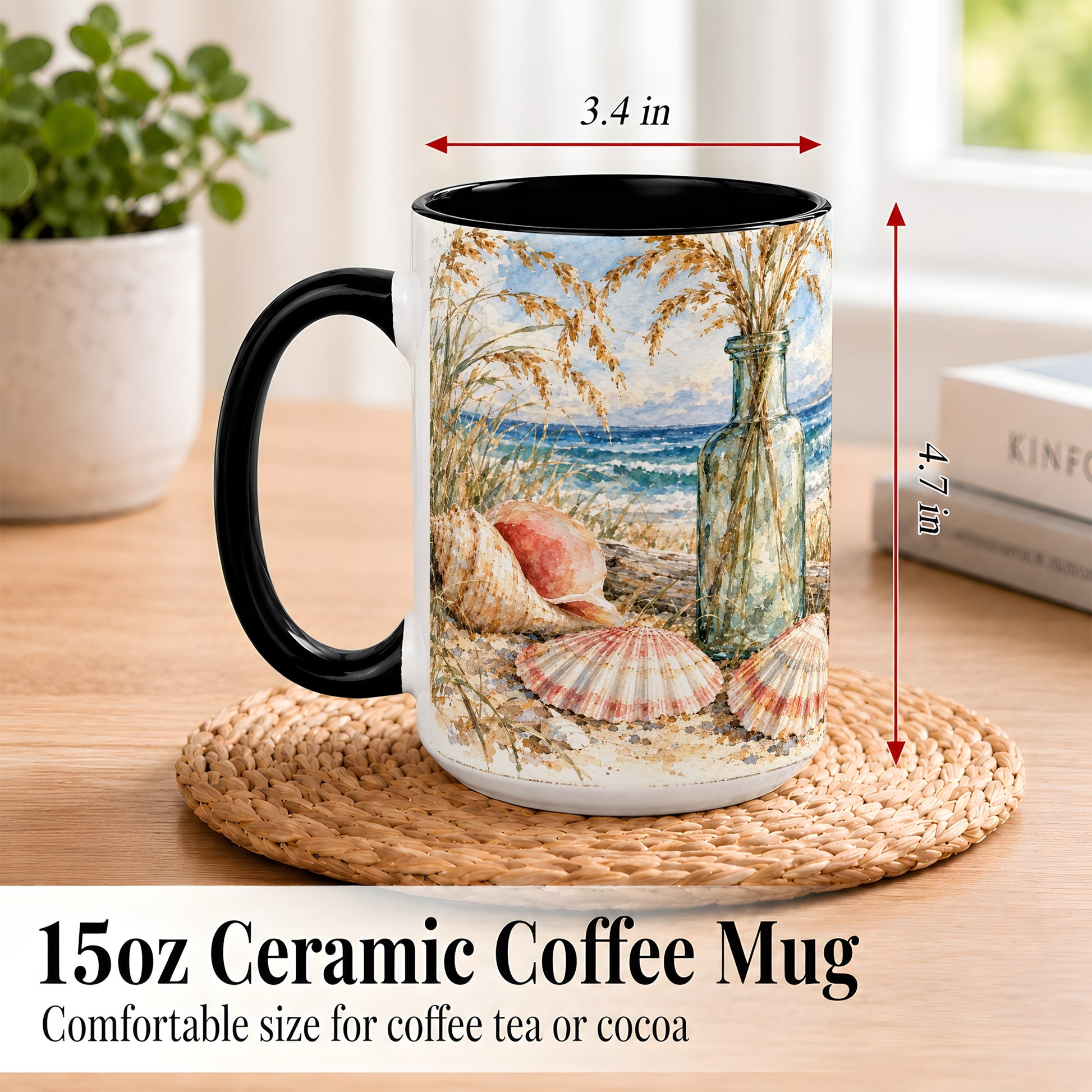 #pl[15oz|Black] Watercolor Seashell Coffee Mug, Coastal Beach Mug, Ceramic Cup, Ocean Art