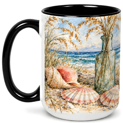 #pl[15oz|Black] Watercolor Seashell Coffee Mug, Coastal Beach Mug, Ceramic Cup, Ocean Art