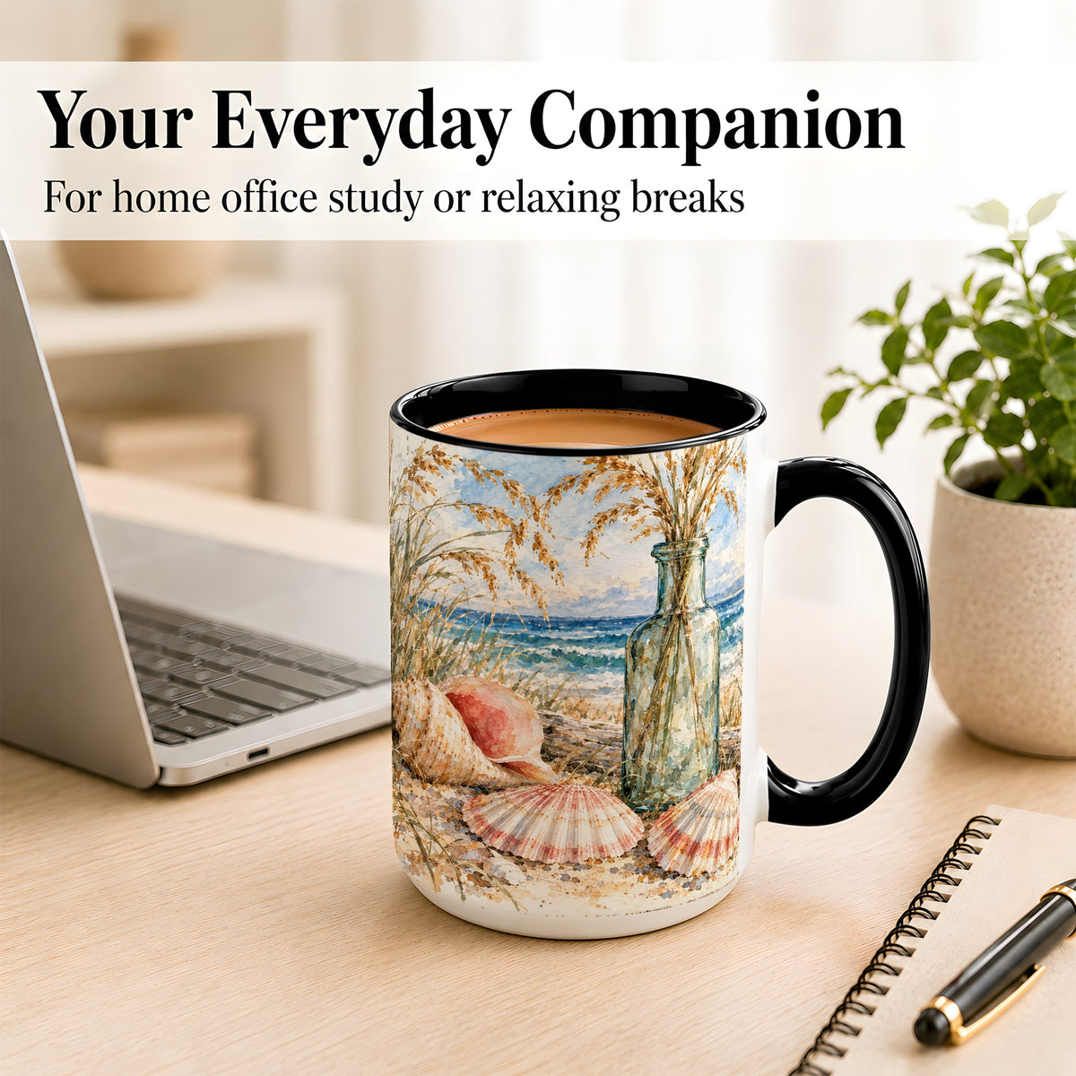 #pl[15oz|Black] Watercolor Seashell Coffee Mug, Coastal Beach Mug, Ceramic Cup, Ocean Art
