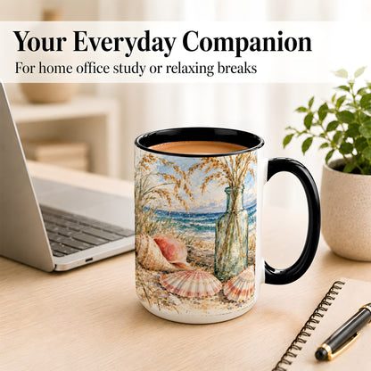 #pl[15oz|Black] Watercolor Seashell Coffee Mug, Coastal Beach Mug, Ceramic Cup, Ocean Art