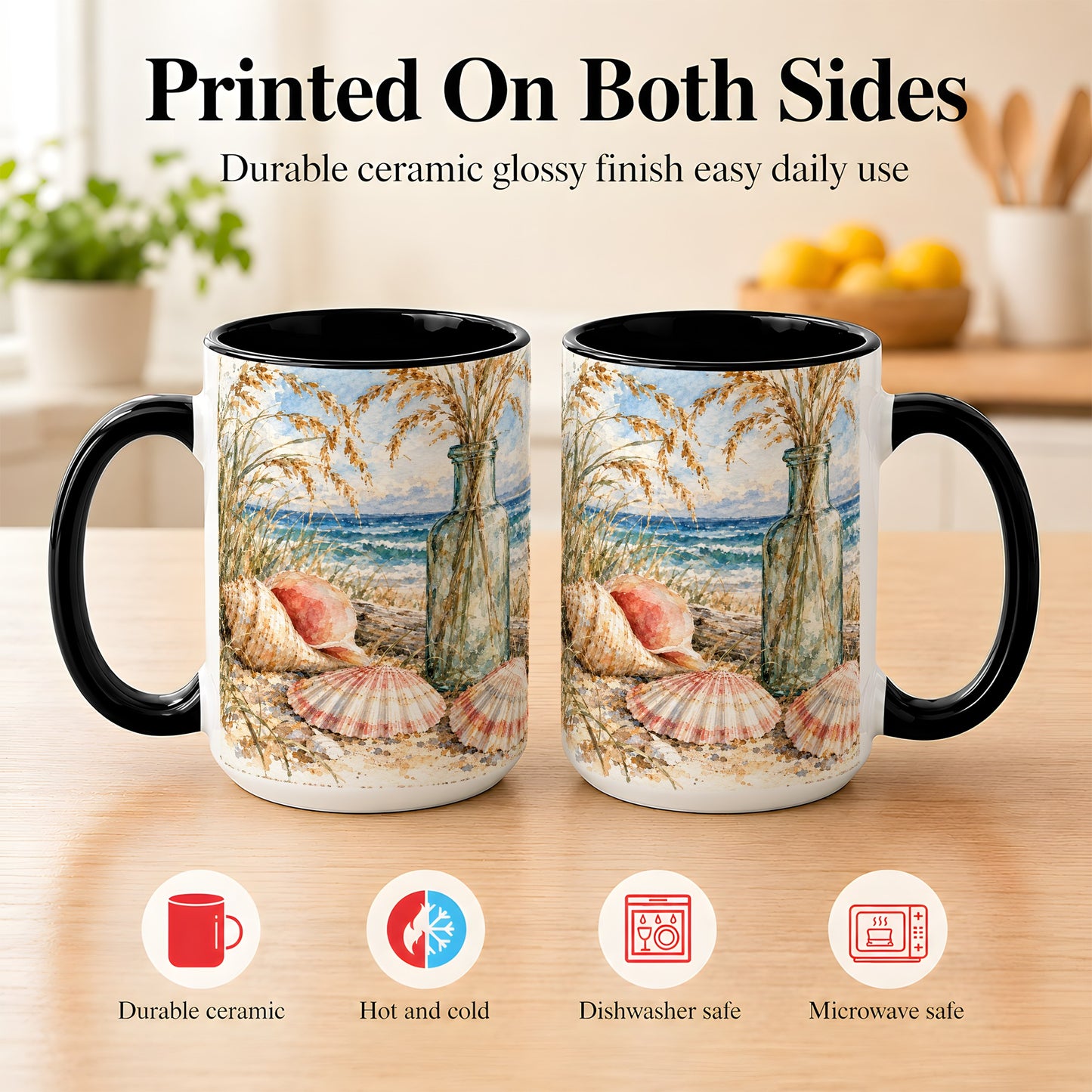 #pl[15oz|Black] Watercolor Seashell Coffee Mug, Coastal Beach Mug, Ceramic Cup, Ocean Art