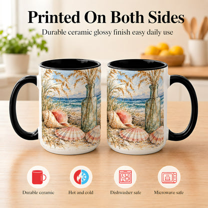 #pl[15oz|Black] Watercolor Seashell Coffee Mug, Coastal Beach Mug, Ceramic Cup, Ocean Art
