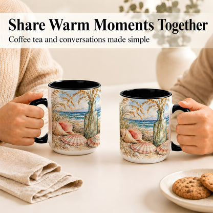 #pl[15oz|Black] Watercolor Seashell Coffee Mug, Coastal Beach Mug, Ceramic Cup, Ocean Art