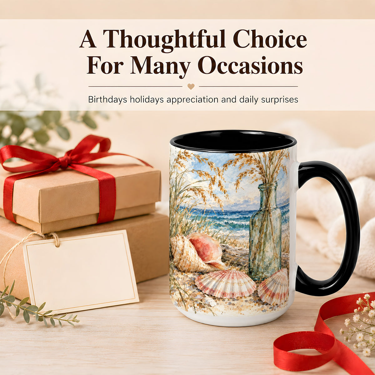 #pl[15oz|Black] Watercolor Seashell Coffee Mug, Coastal Beach Mug, Ceramic Cup, Ocean Art