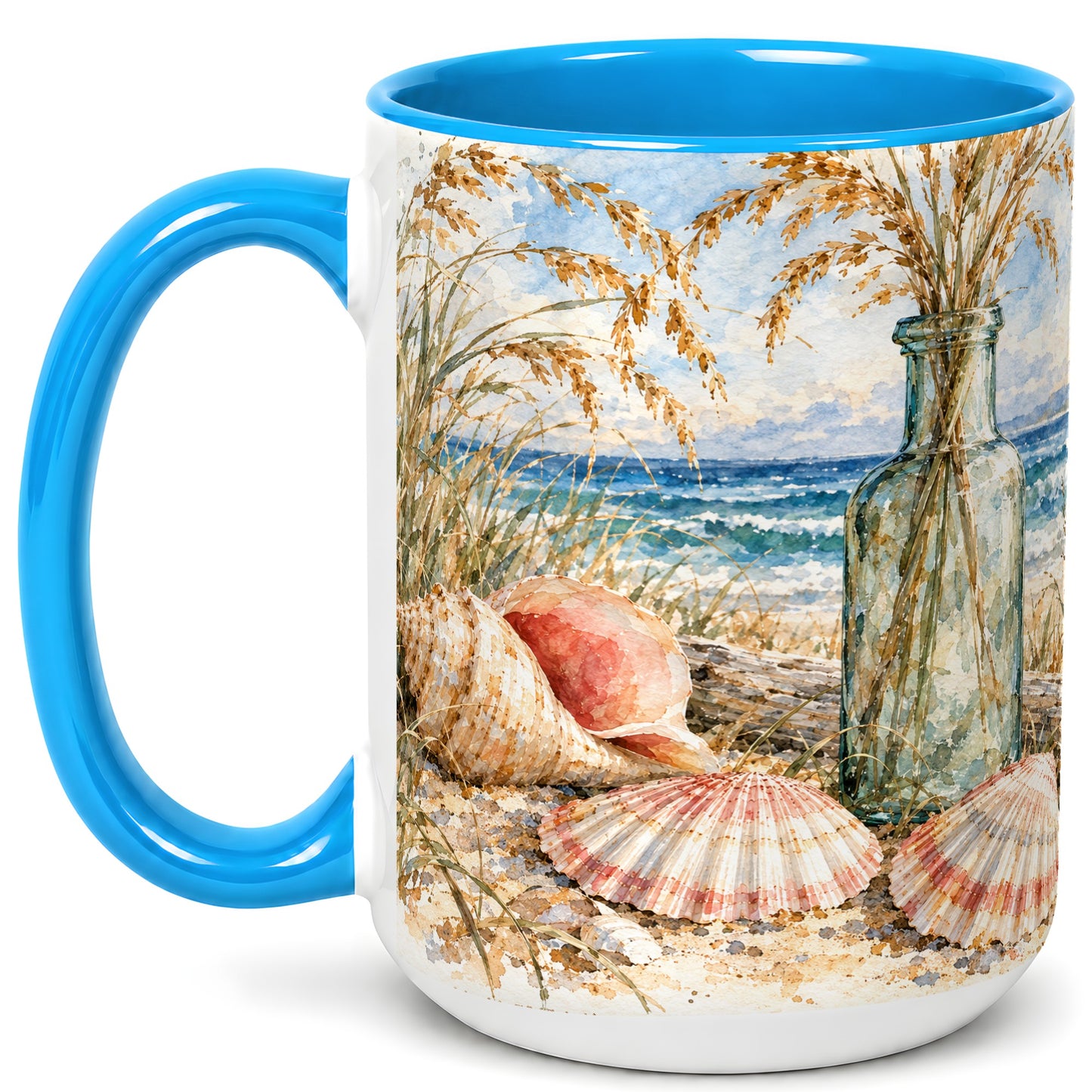 #pl[15oz|Blue] Watercolor Seashell Coffee Mug, Coastal Beach Mug, Ceramic Cup, Ocean Art